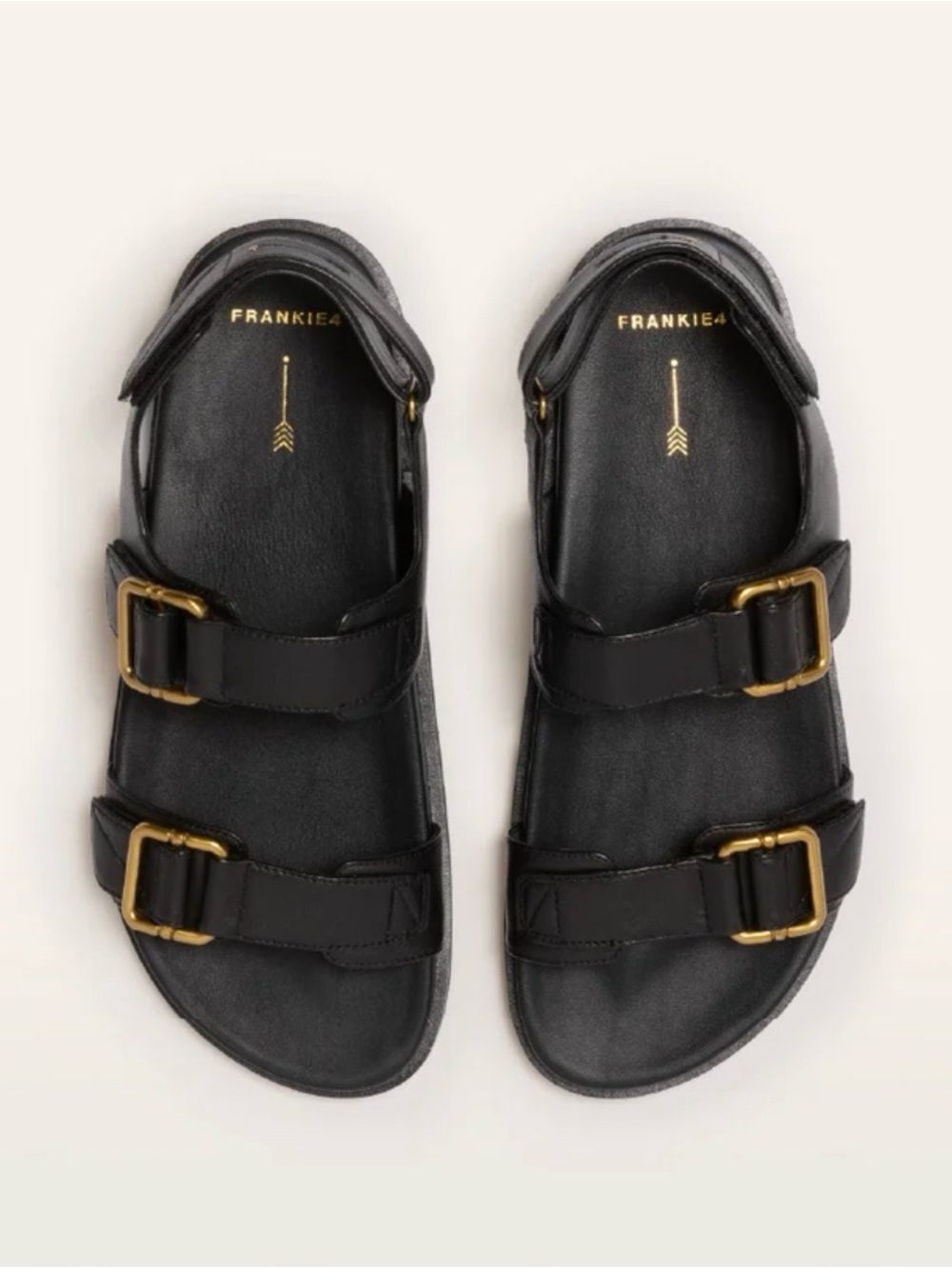Frankie4 Thompson Black Leather Flat Gold Buckle comfort Sandals NEW 10 NEW
